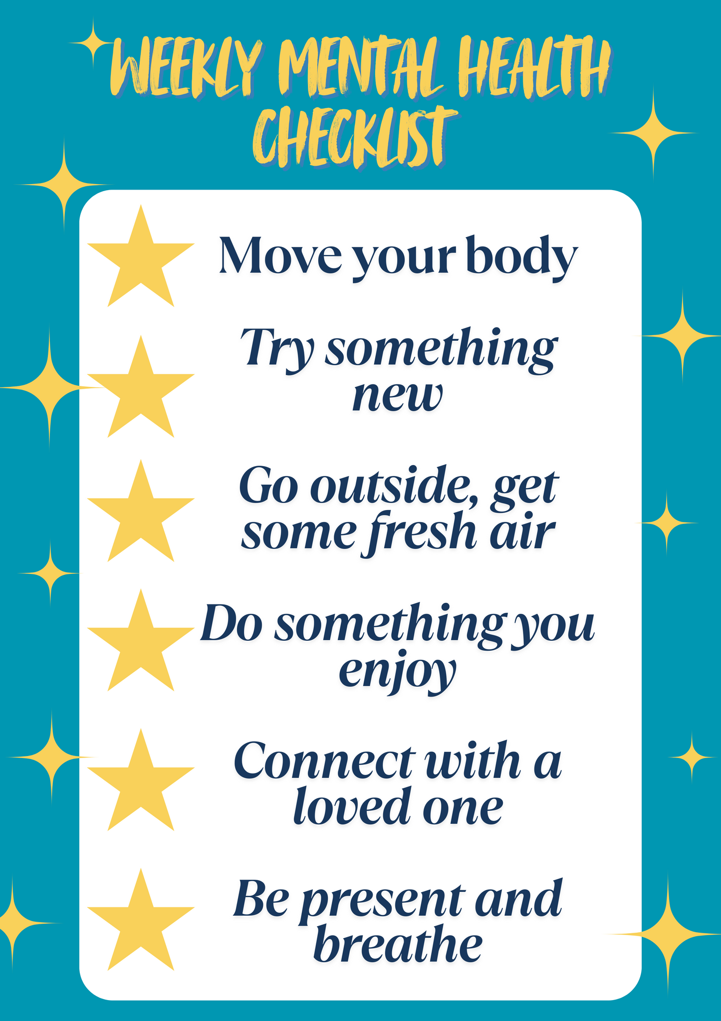 Weekly mental health checklist digital print